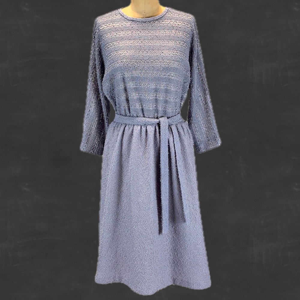 VINTAGE 60s day dress midi long sleeve boucle nubby texture bow belt waist‎ 70s